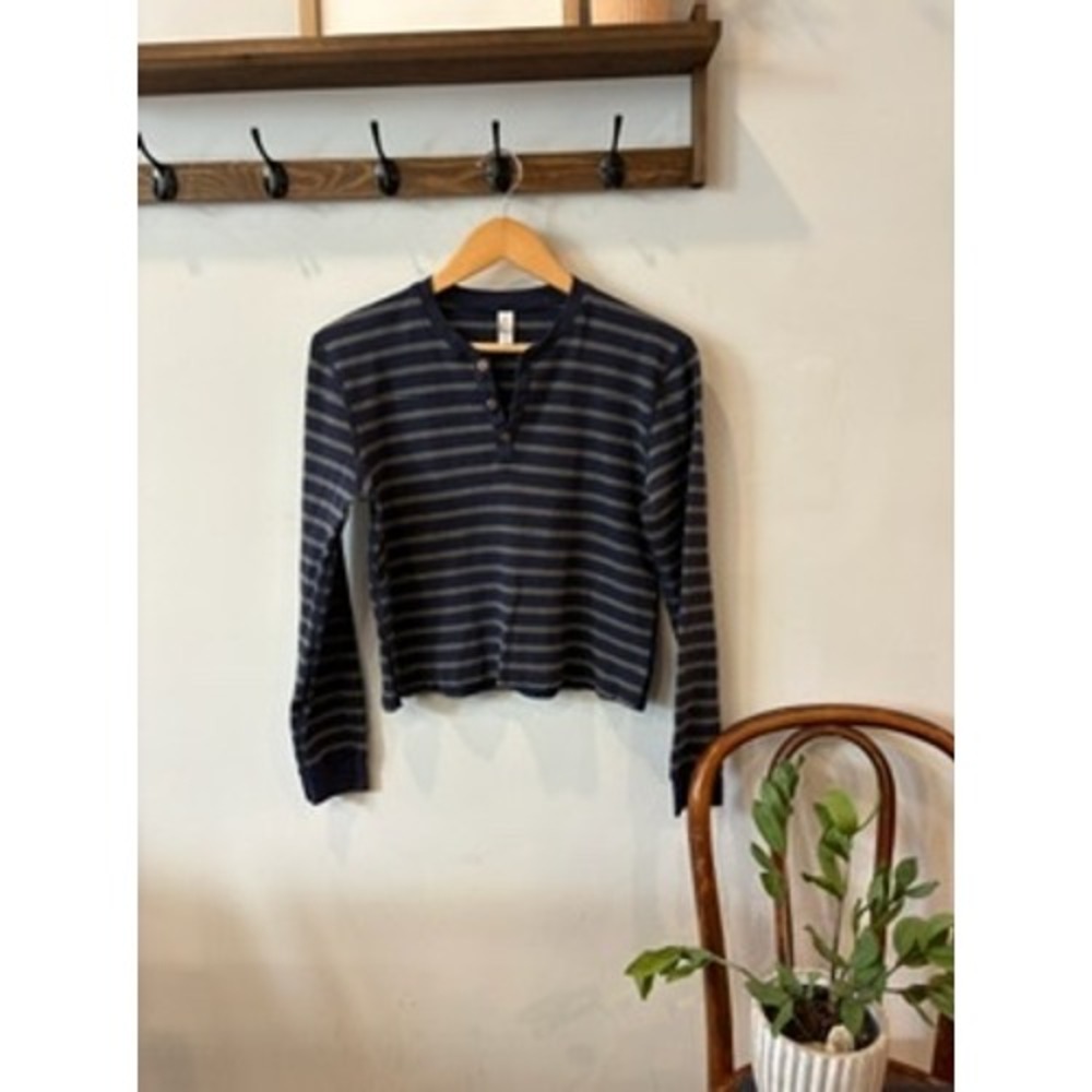 American Apparel Womens Navy Blue Grey Striped Waffle Knit Henley Top Medium